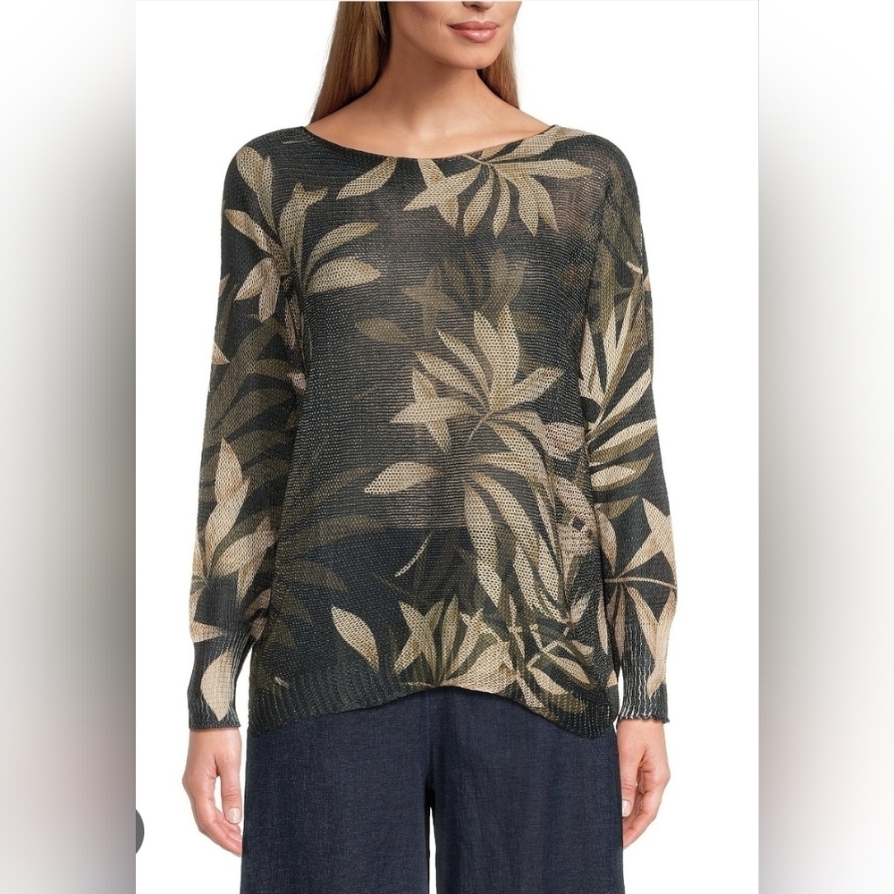 M Made In Italy Leaf Printed Scoop Neck  Long Sleeve Knit Top XL
